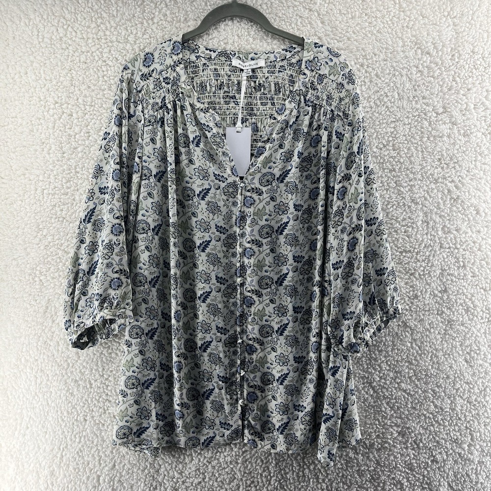 Rose + Olive Women's Size 1X Blouse Floral Faux Button Up Cottagecore Peasant